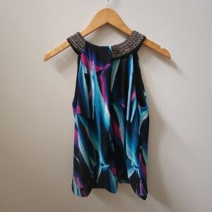 Alfani Pleated Bubble Hem Tank Top Small Beaded Neck Abstract Print